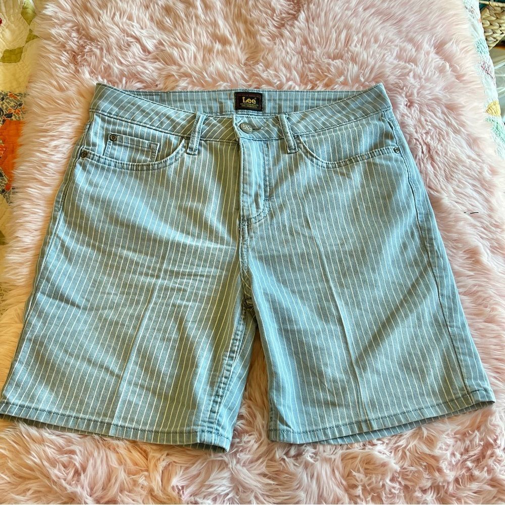 LEE Vintage Style Blue White Conductor Stripe Bermuda Denim Jean Shorts Sz 8
